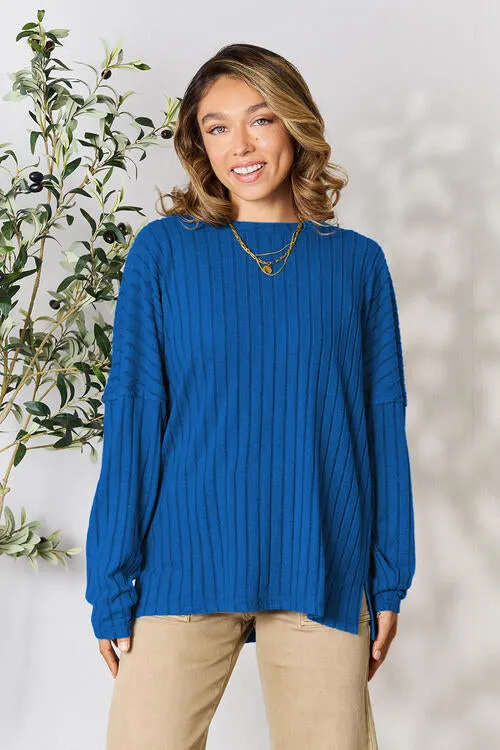 Ribbed Slit Knit Top- 5 Colors (Peacock, Black, Navy, Brick, Green)