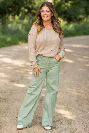 Risen Sage Wide Leg Distressed Hem Jeans