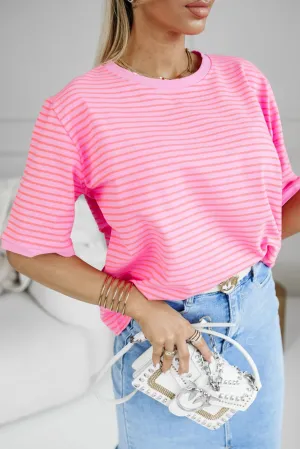 Rose Stripe Half Sleeve Crew Neck Loose Fit T Shirt