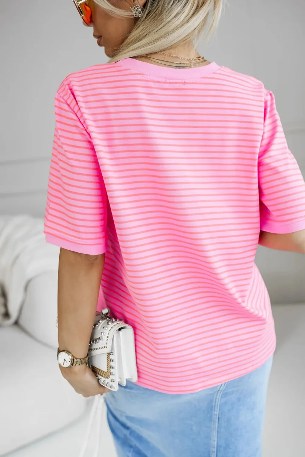 Rose Stripe Half Sleeve Crew Neck Loose Fit T Shirt