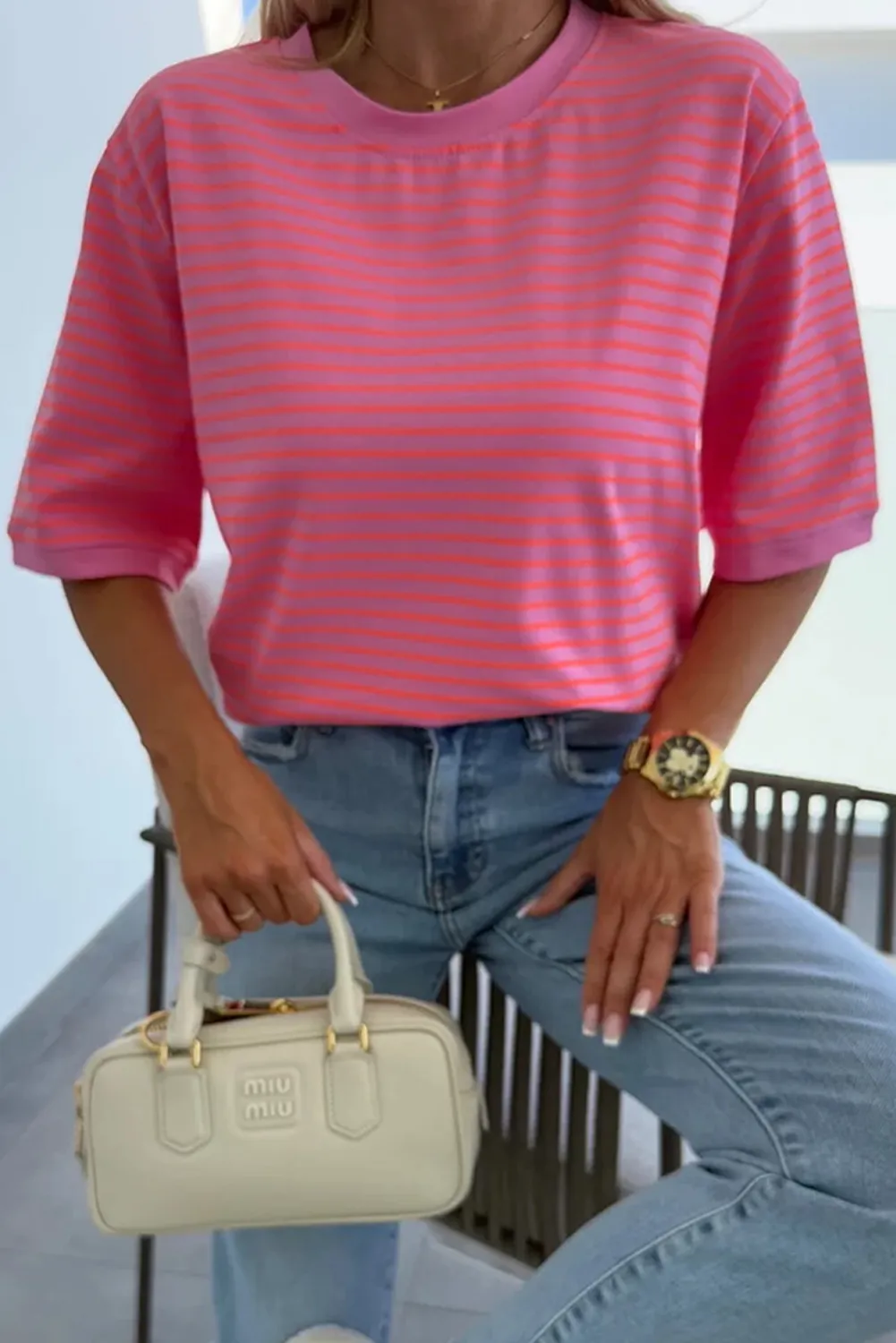 Rose Stripe Half Sleeve Crew Neck Loose Fit T Shirt
