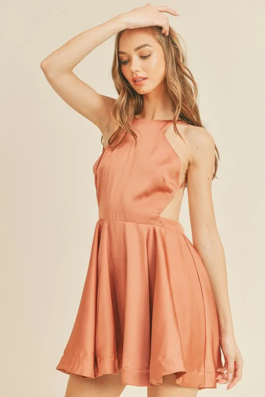SATIN OPEN BACK FIT AND FLARE MINI DRESS