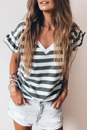 Sea Green Striped V Neck Ruffle Sleeve Top