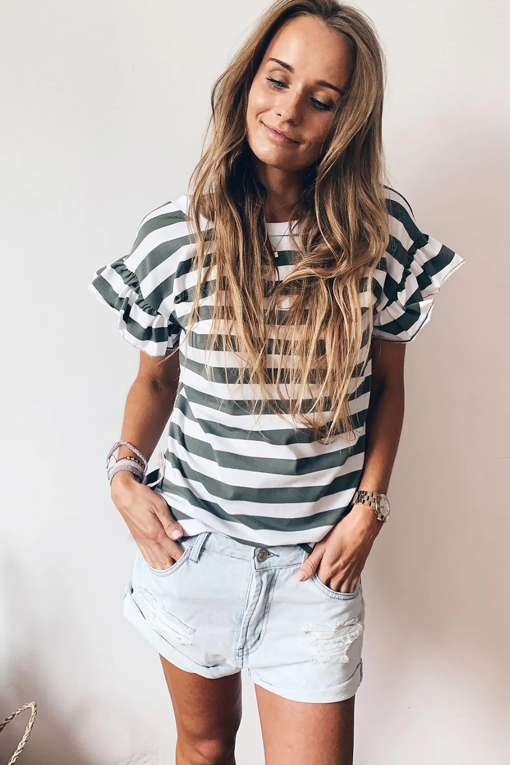 Sea Green Striped V Neck Ruffle Sleeve Top