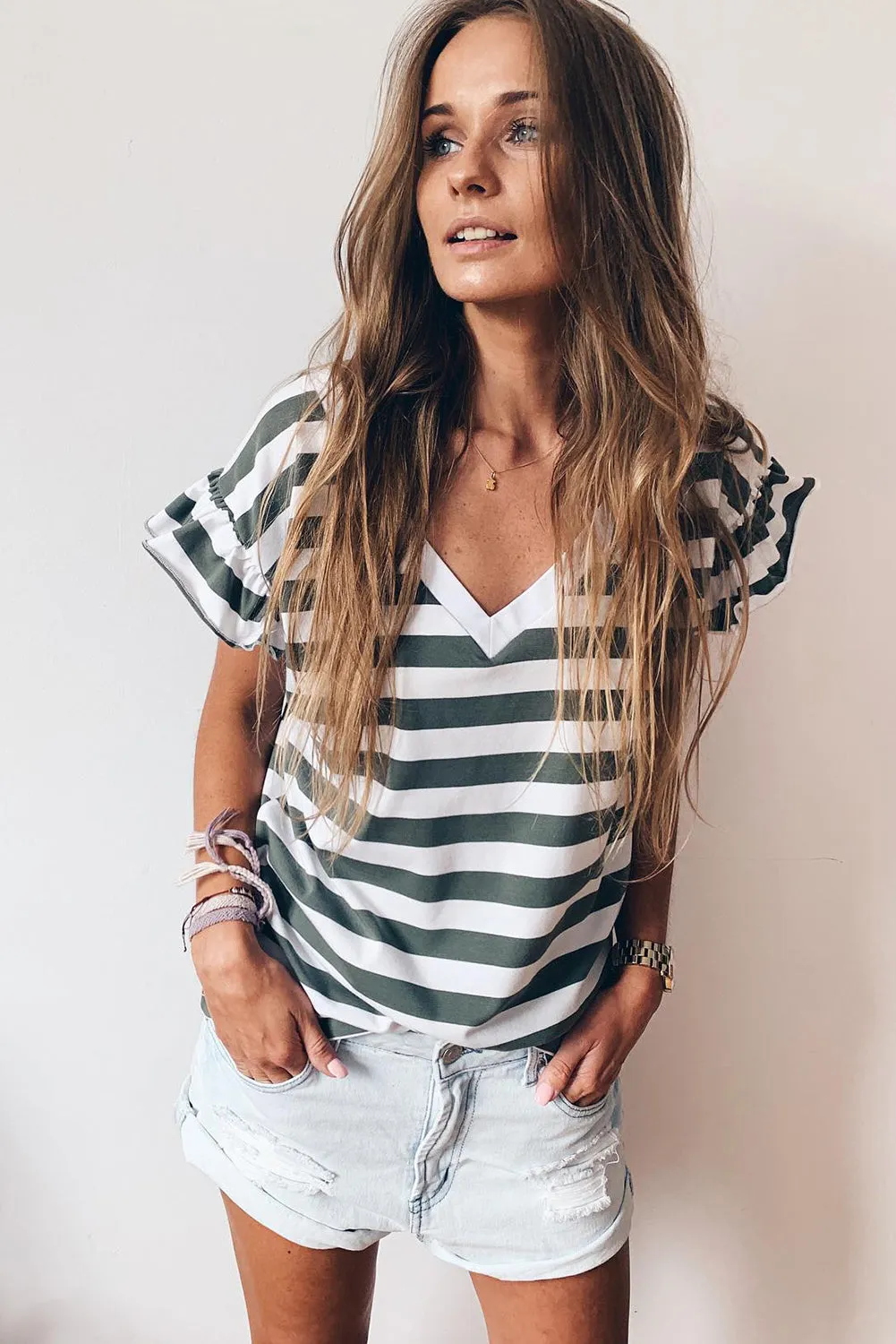 Sea Green Striped V Neck Ruffle Sleeve Top