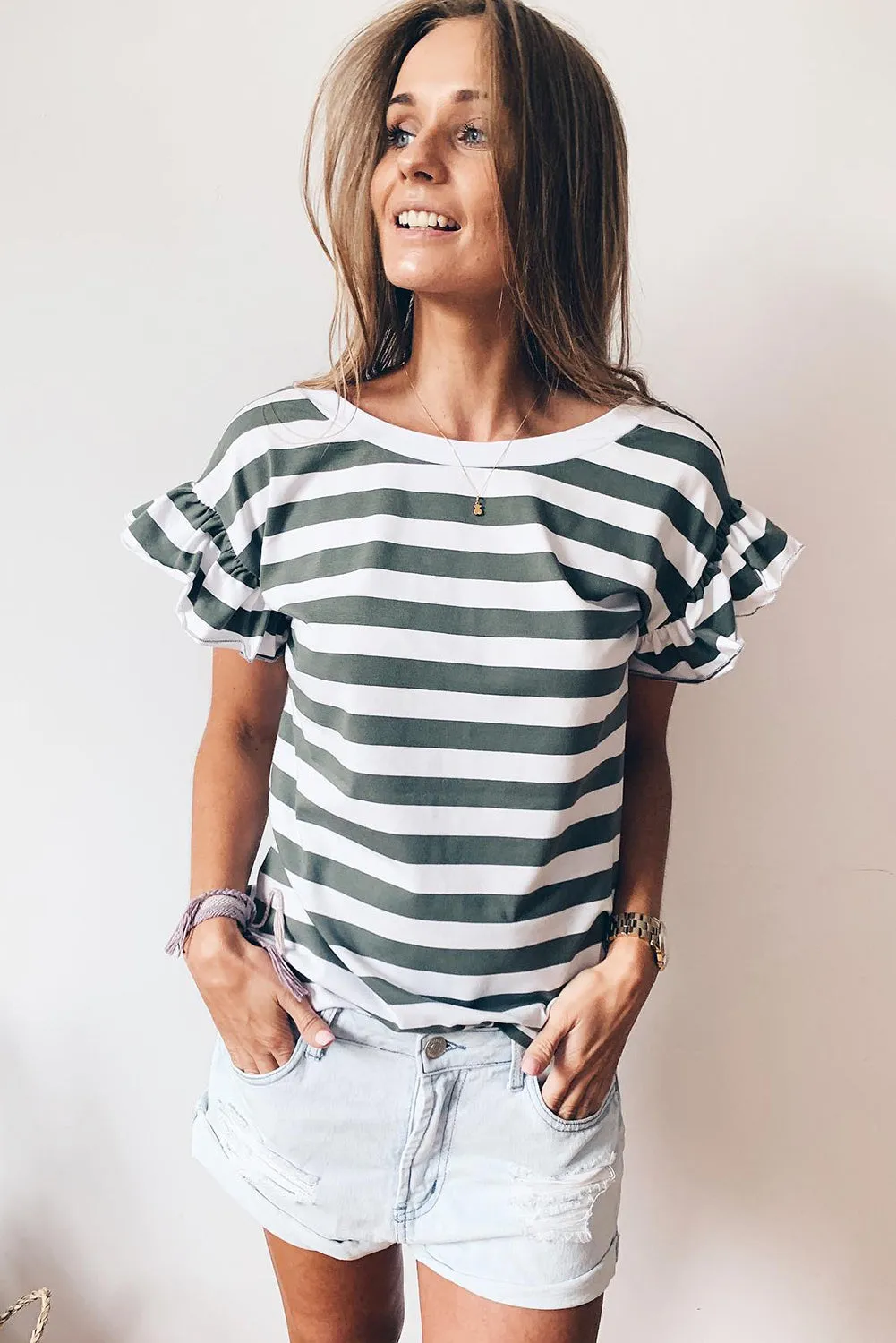 Sea Green Striped V Neck Ruffle Sleeve Top