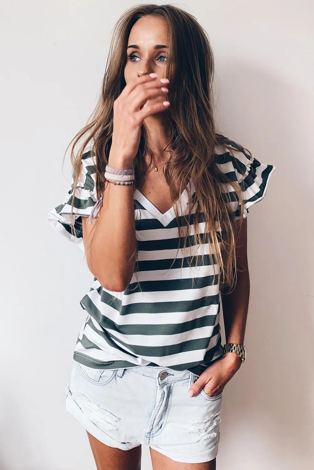 Sea Green Striped V Neck Ruffle Sleeve Top