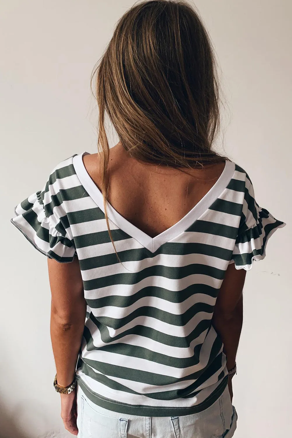 Sea Green Striped V Neck Ruffle Sleeve Top