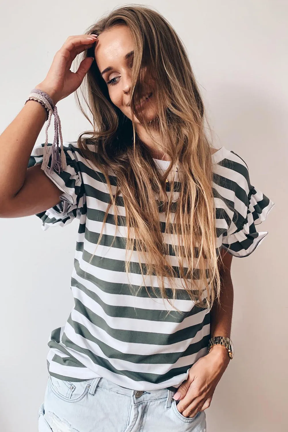 Sea Green Striped V Neck Ruffle Sleeve Top