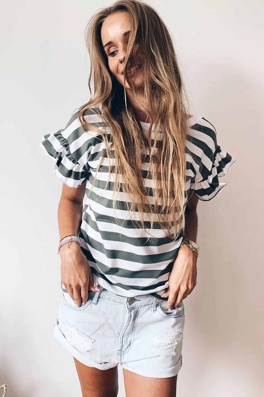 Sea Green Striped V Neck Ruffle Sleeve Top