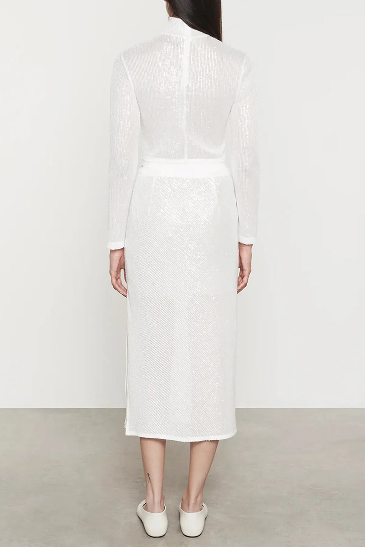 Sequin Cropped Long Sleeve Mock Neck in Off White