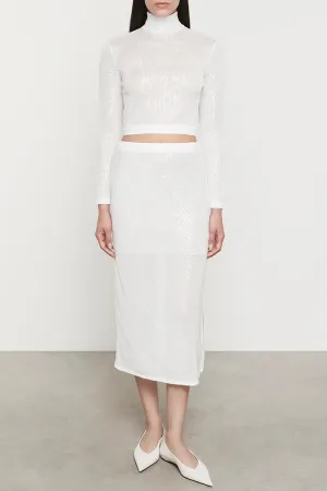 Sequin Cropped Long Sleeve Mock Neck in Off White