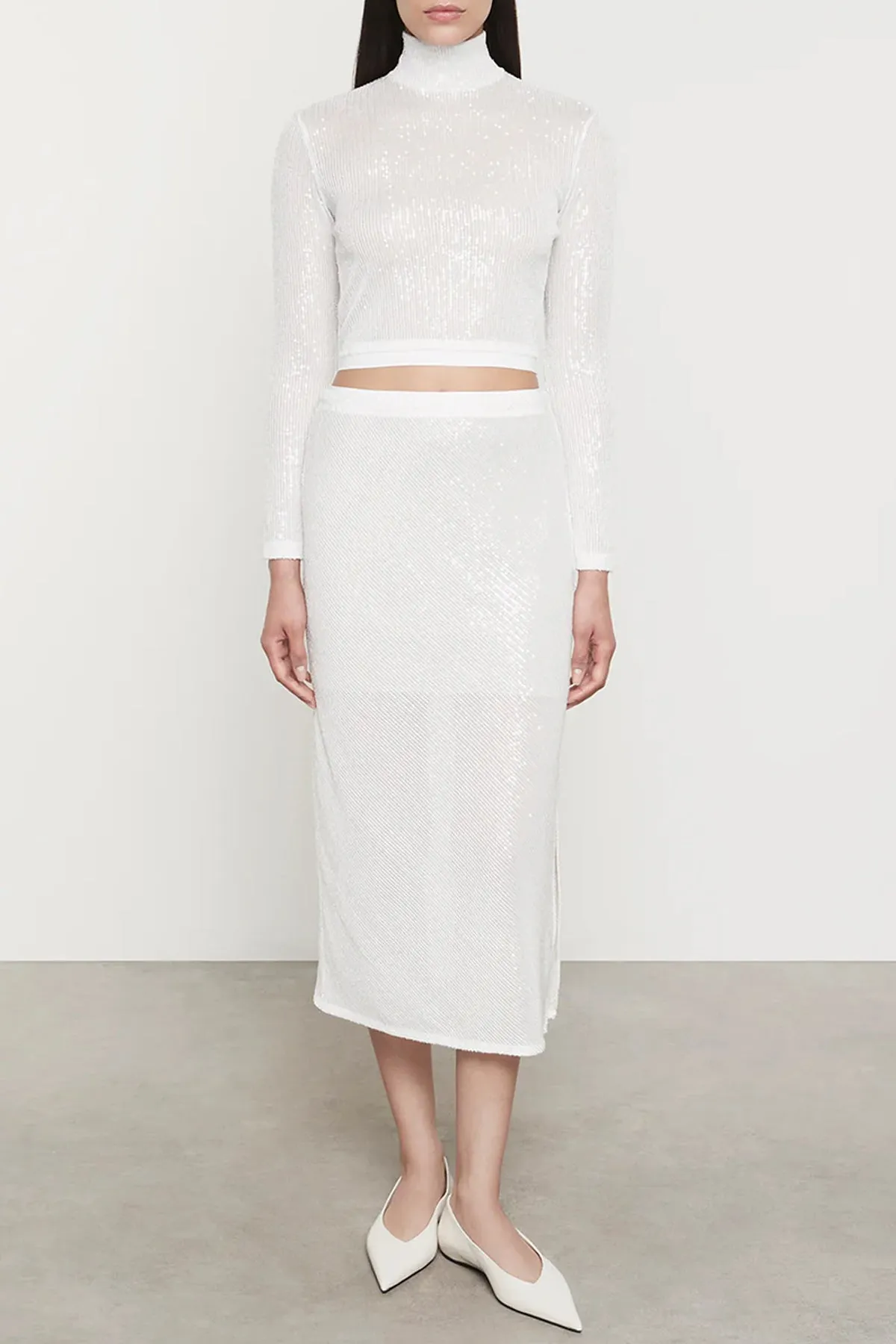 Sequin Cropped Long Sleeve Mock Neck in Off White