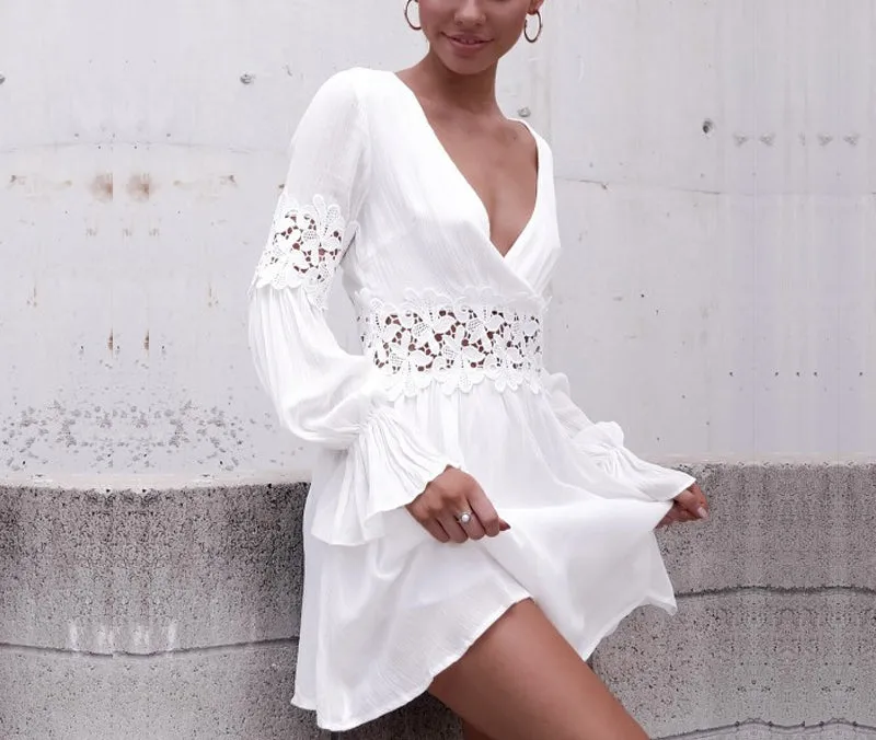 Sexy Deep V Lace Panel Flare Sleeve Long Sleeve Open Back Dress