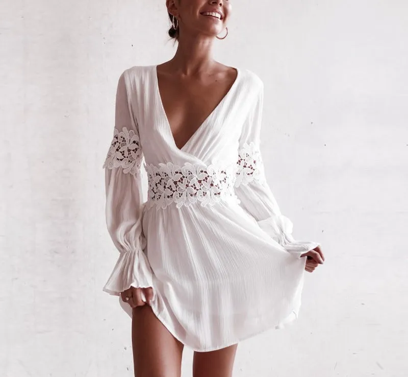 Sexy Deep V Lace Panel Flare Sleeve Long Sleeve Open Back Dress