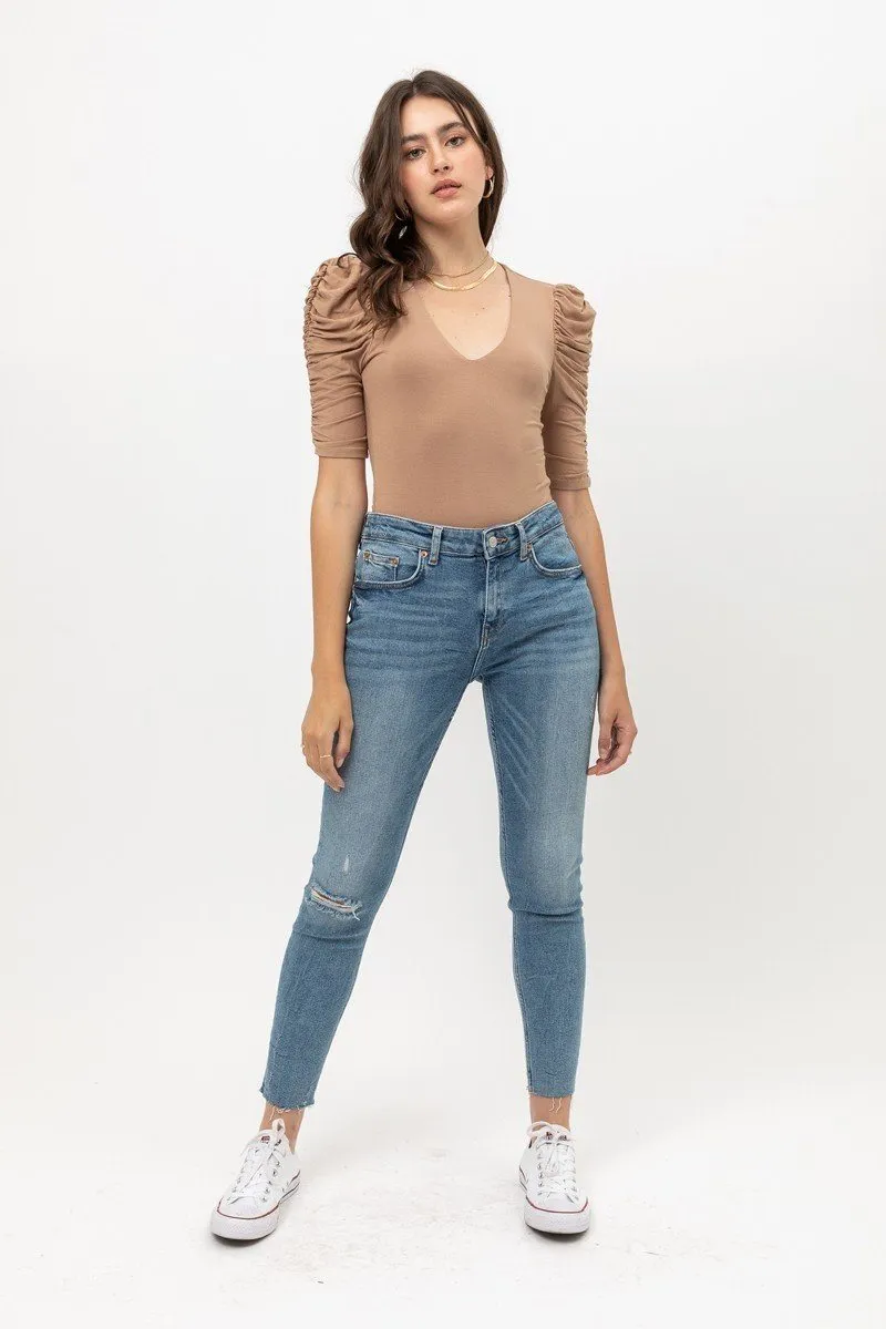 Sheered 3/4 Sleeve, V Neck Rayon Jersey Body Suit