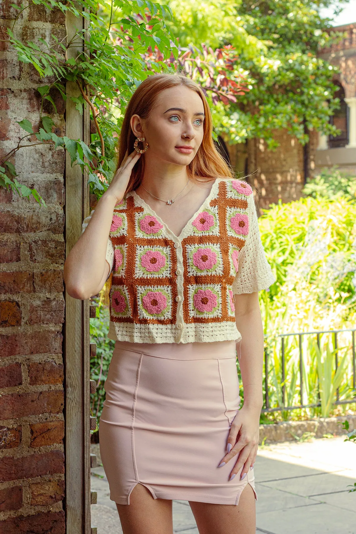 Short Sleeve Floral Crochet Squares Shirt