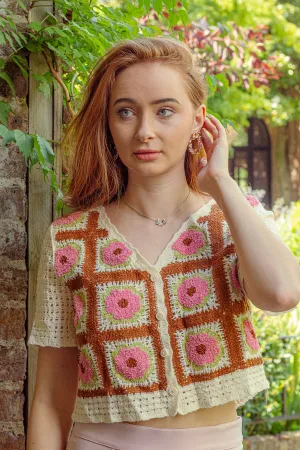 Short Sleeve Floral Crochet Squares Shirt
