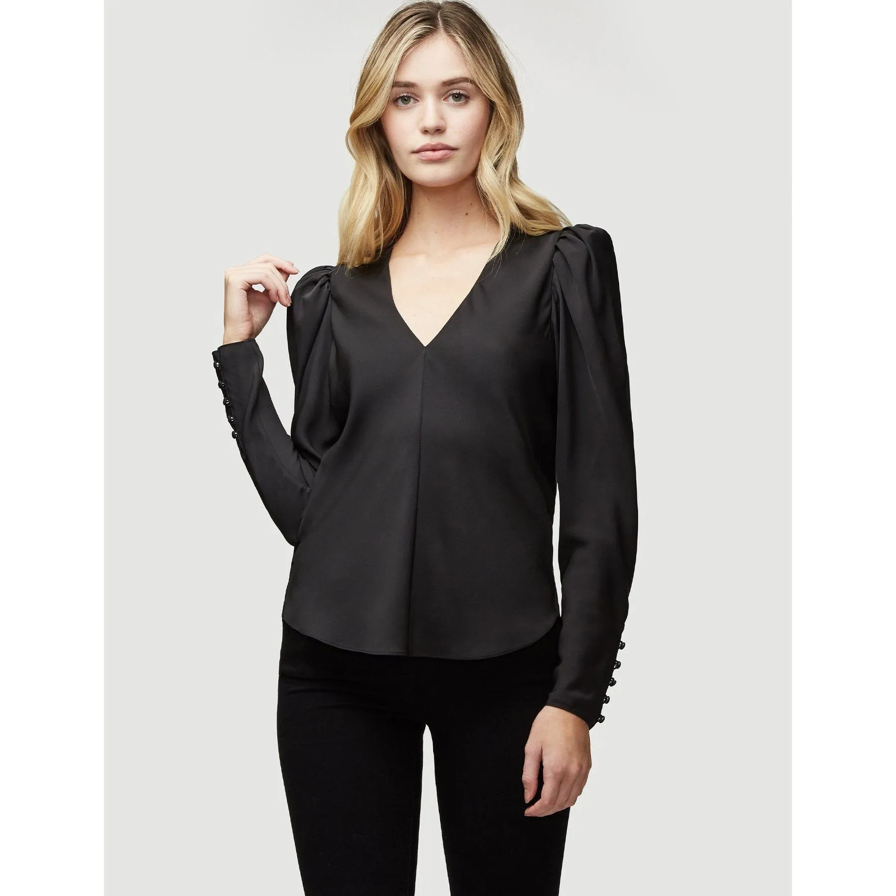 Silk Shirred V-Neck Top Noir