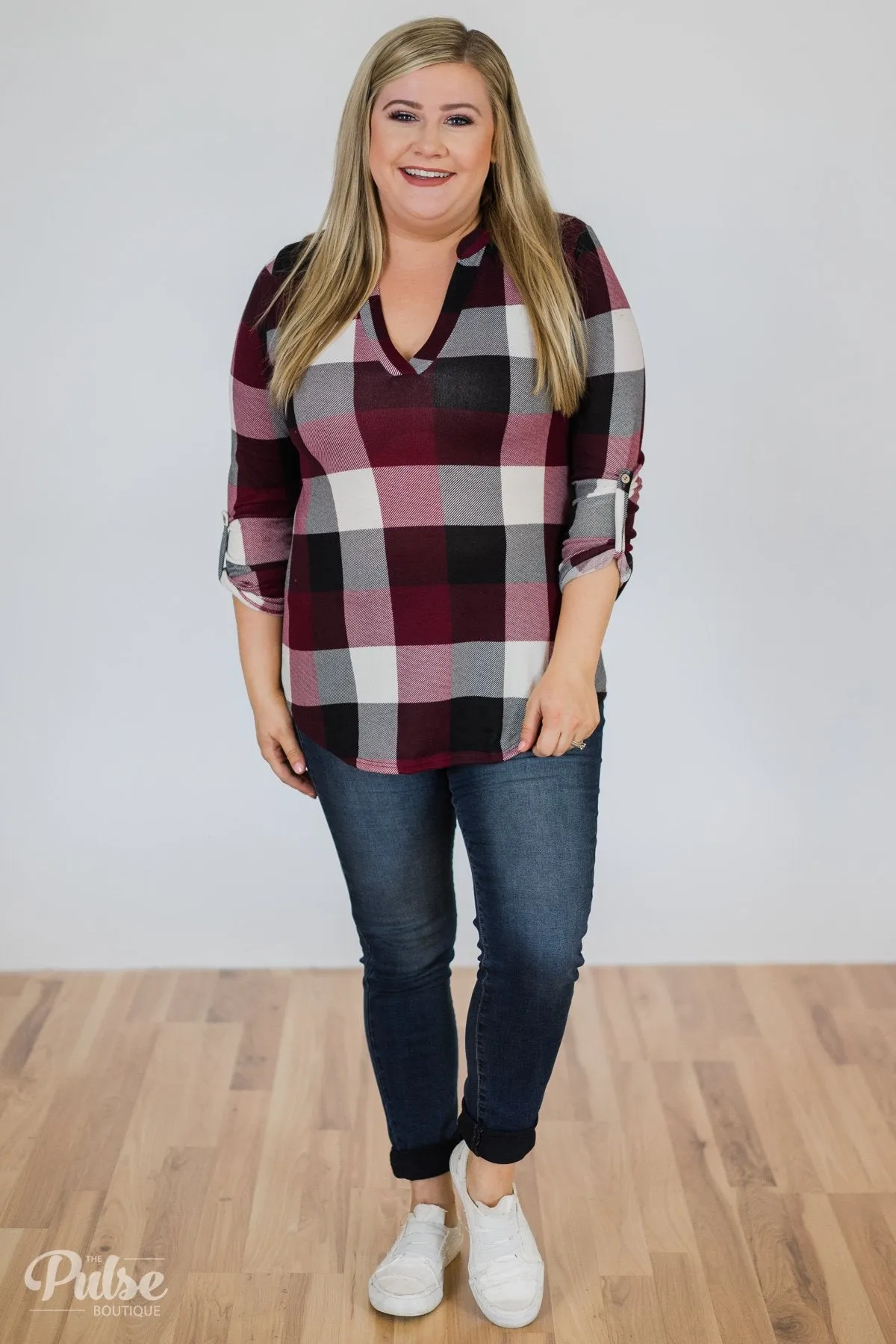Sincerely Me Plaid V-Neck Top- Burgundy