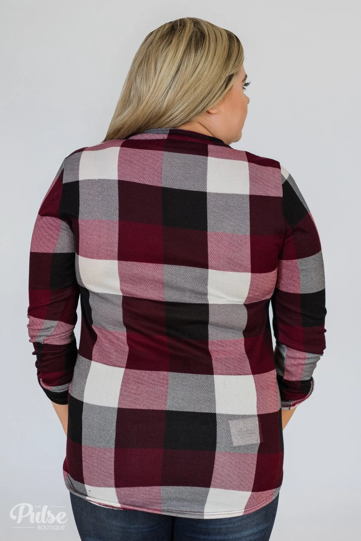 Sincerely Me Plaid V-Neck Top- Burgundy