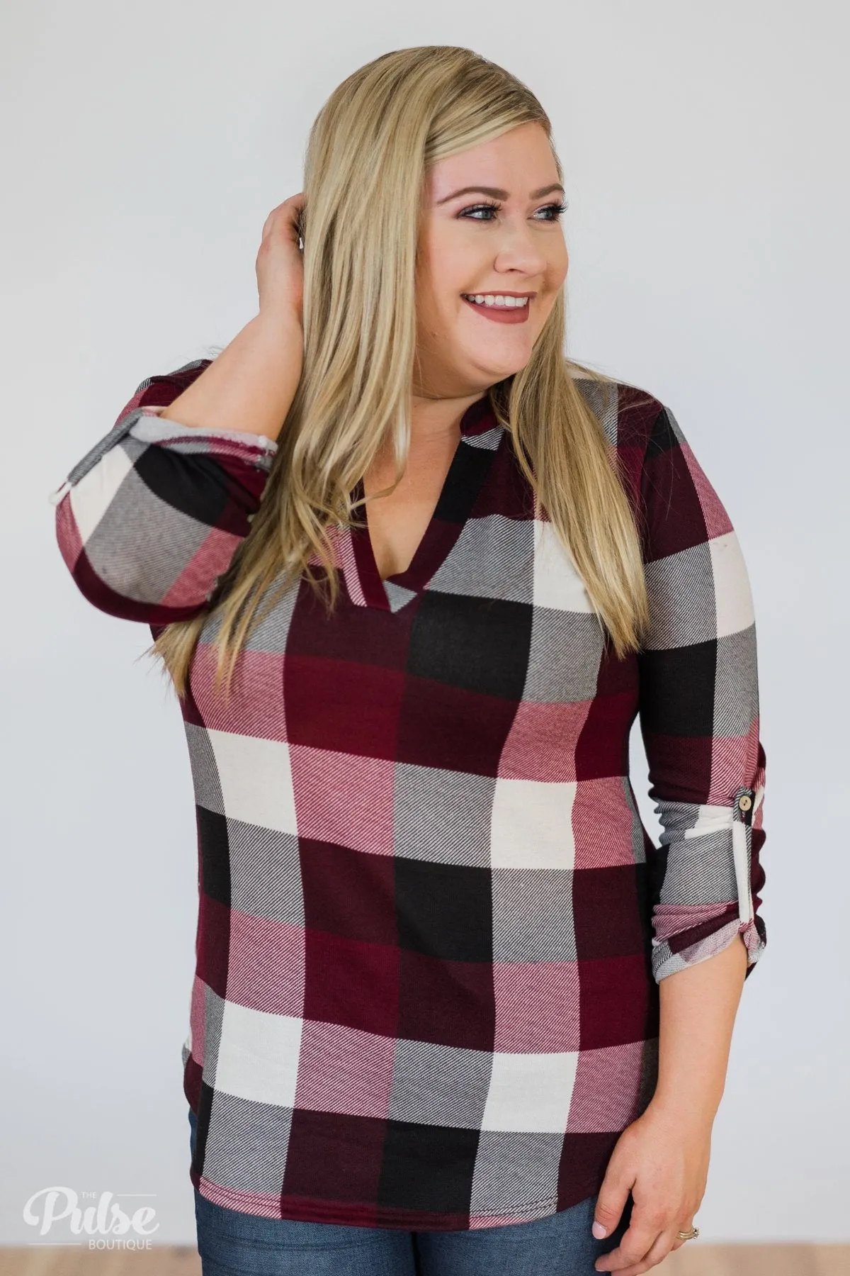 Sincerely Me Plaid V-Neck Top- Burgundy