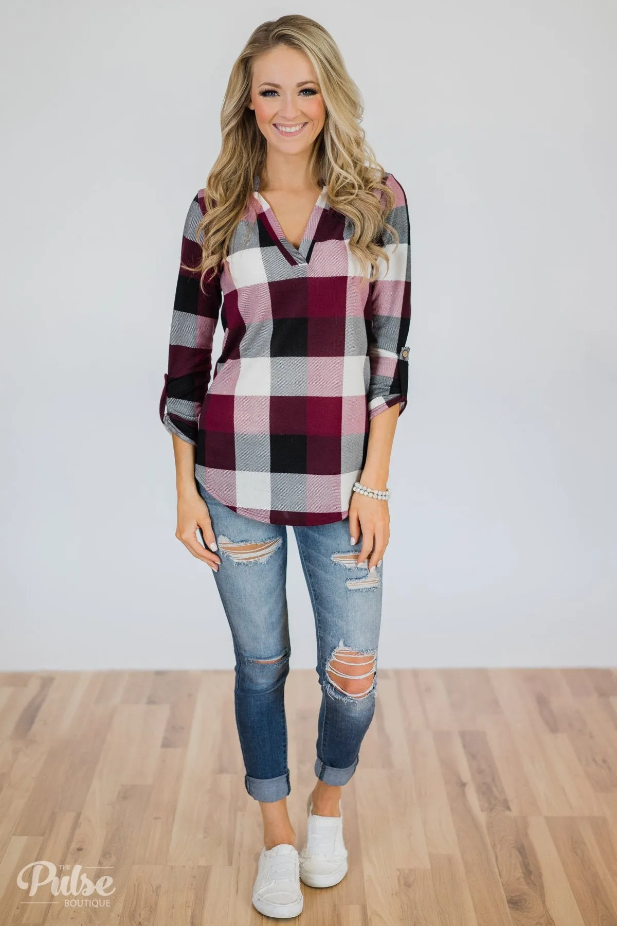 Sincerely Me Plaid V-Neck Top- Burgundy