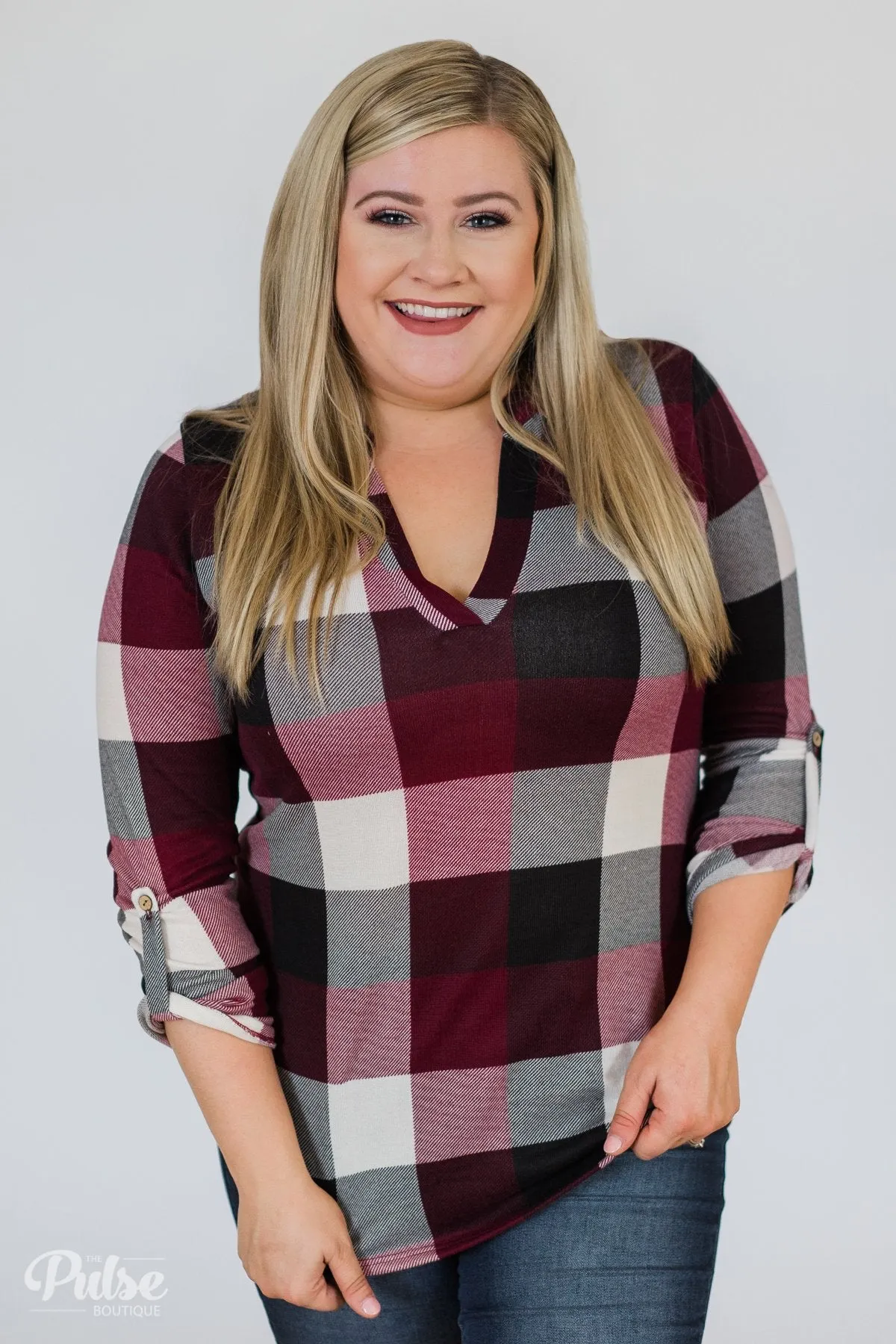 Sincerely Me Plaid V-Neck Top- Burgundy