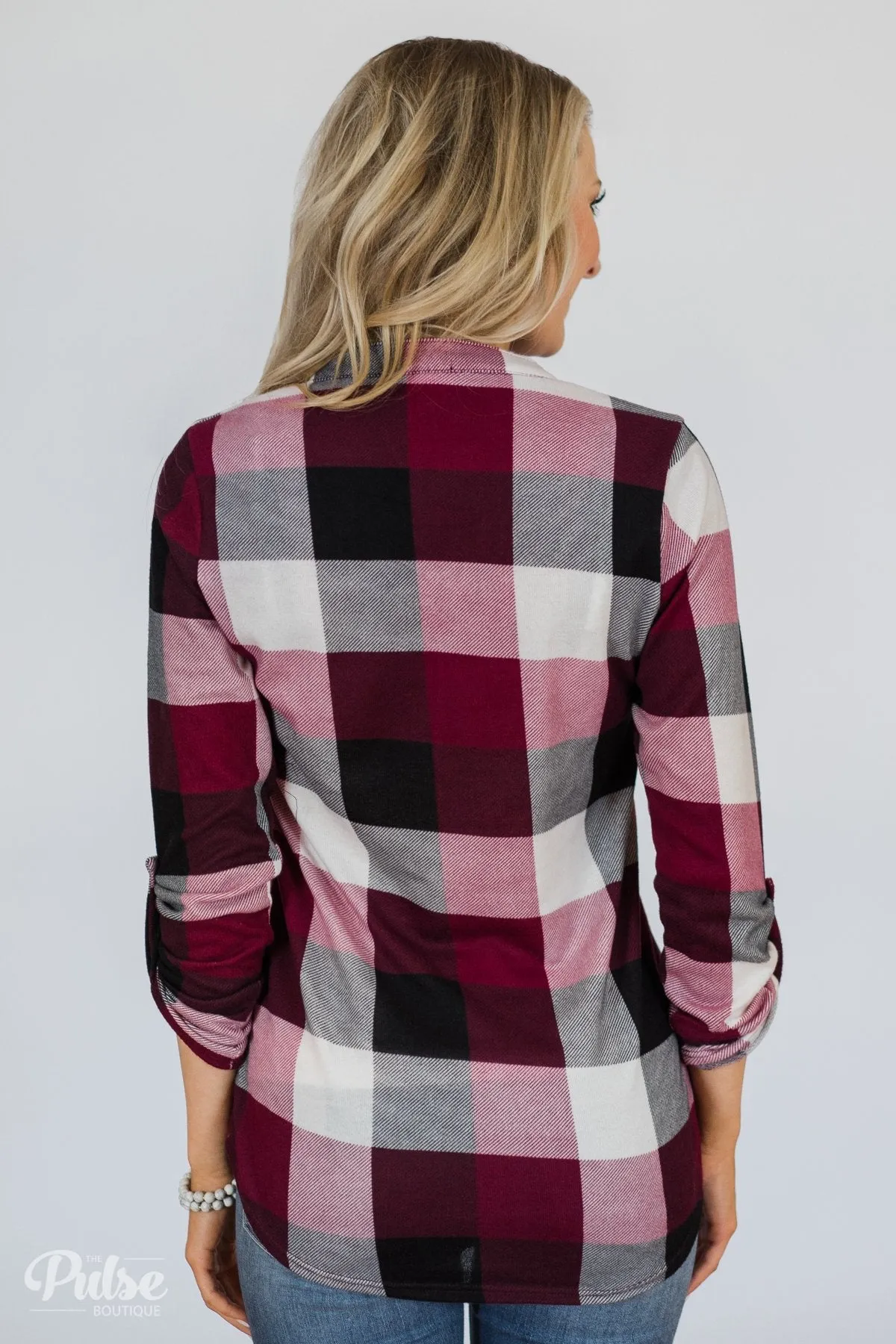 Sincerely Me Plaid V-Neck Top- Burgundy