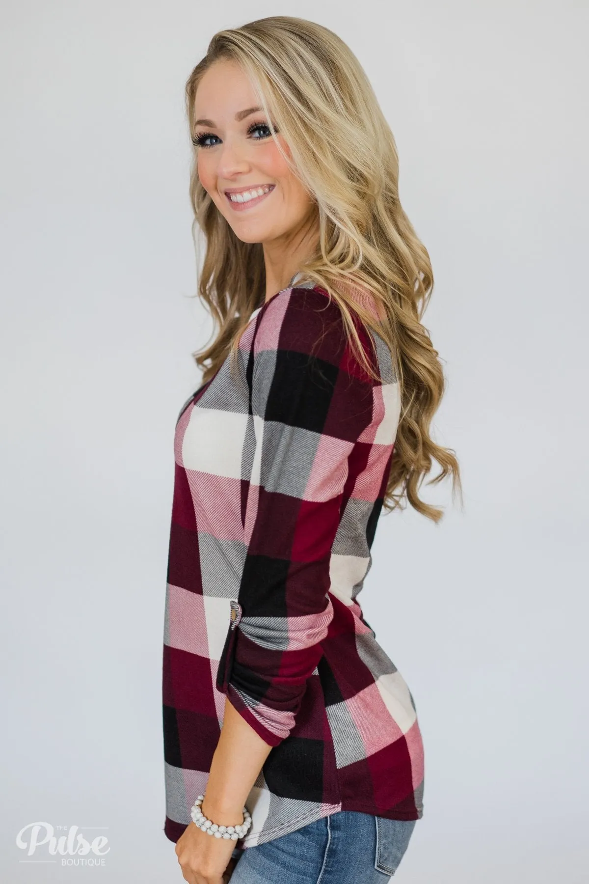 Sincerely Me Plaid V-Neck Top- Burgundy