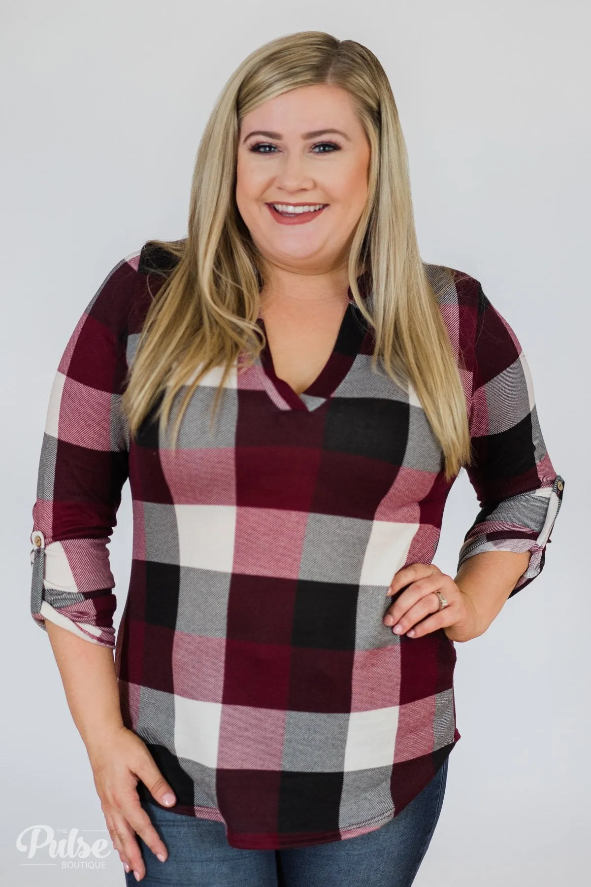 Sincerely Me Plaid V-Neck Top- Burgundy