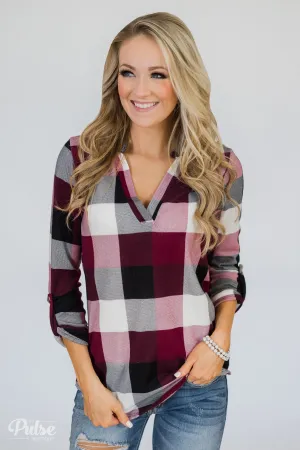 Sincerely Me Plaid V-Neck Top- Burgundy