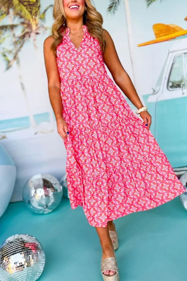 Sky Blue 60s Flower Split Neck Sleeveless Tiered Maxi Dress
