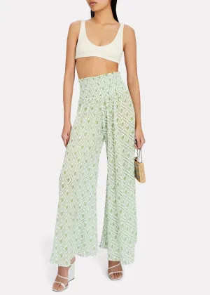 Smocked Wide Leg Pant (White Diamond Palm)
