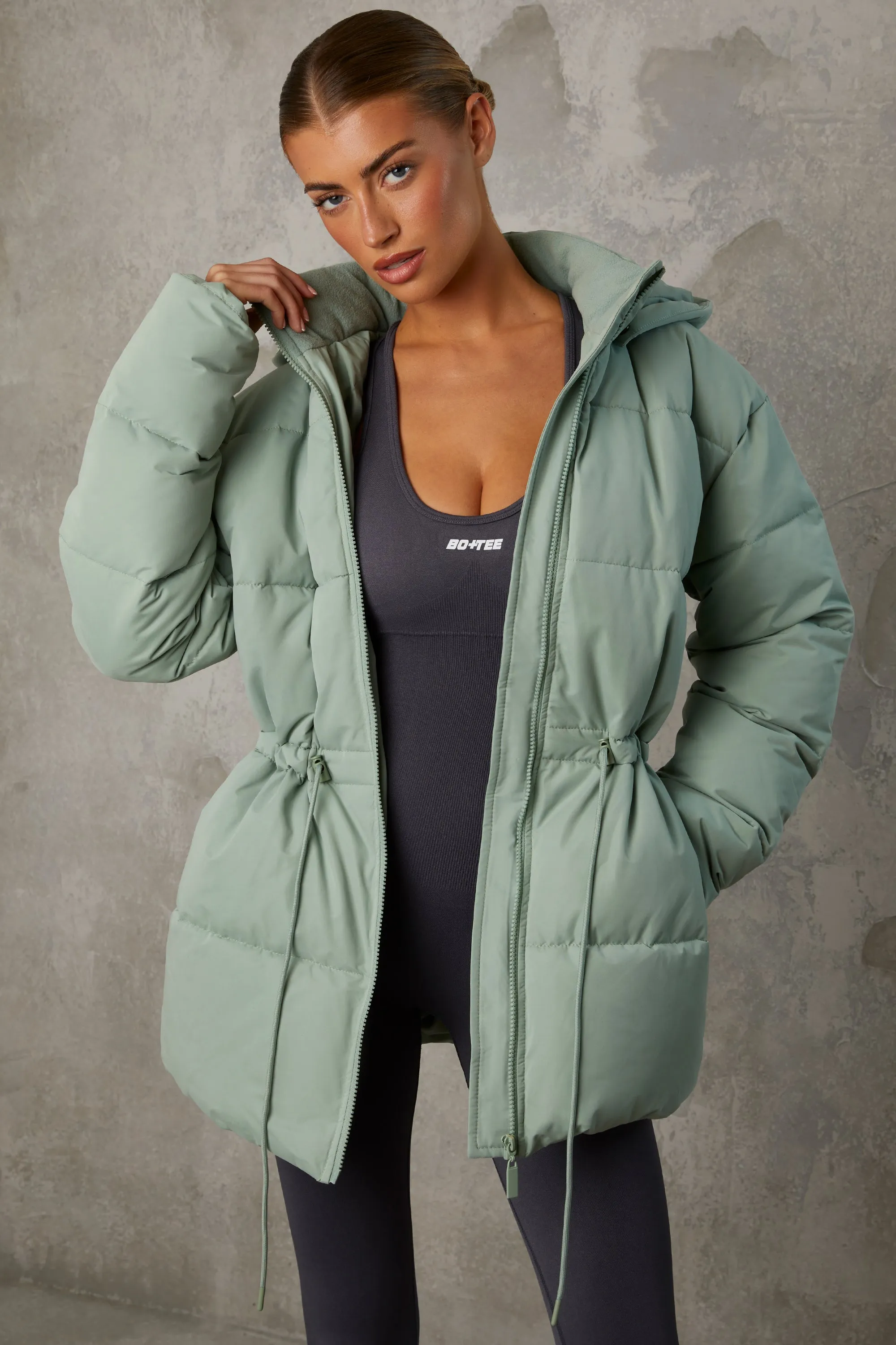 Snug - Mid Length Hooded Puffer Coat in Iceberg Green