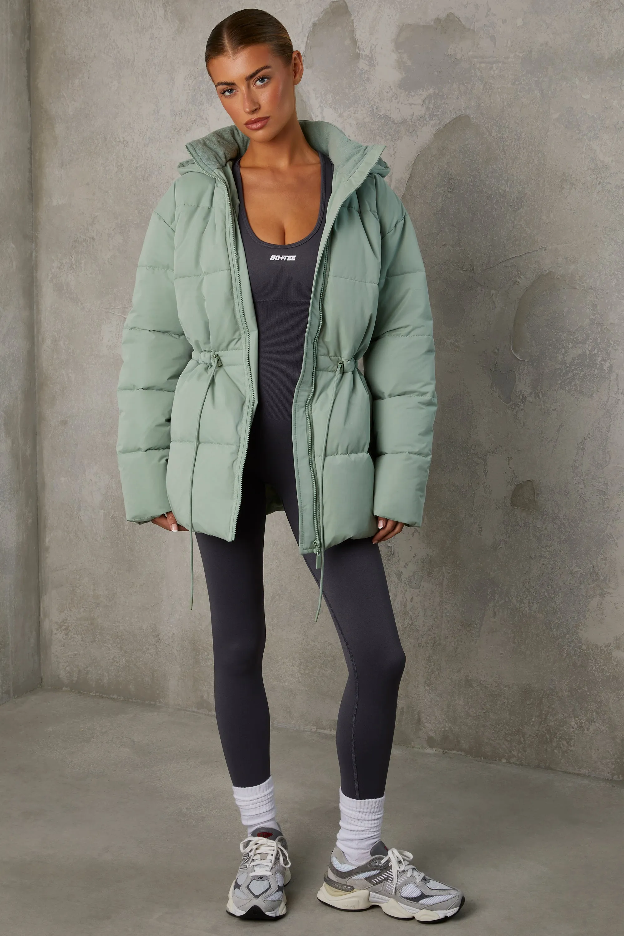 Snug - Mid Length Hooded Puffer Coat in Iceberg Green