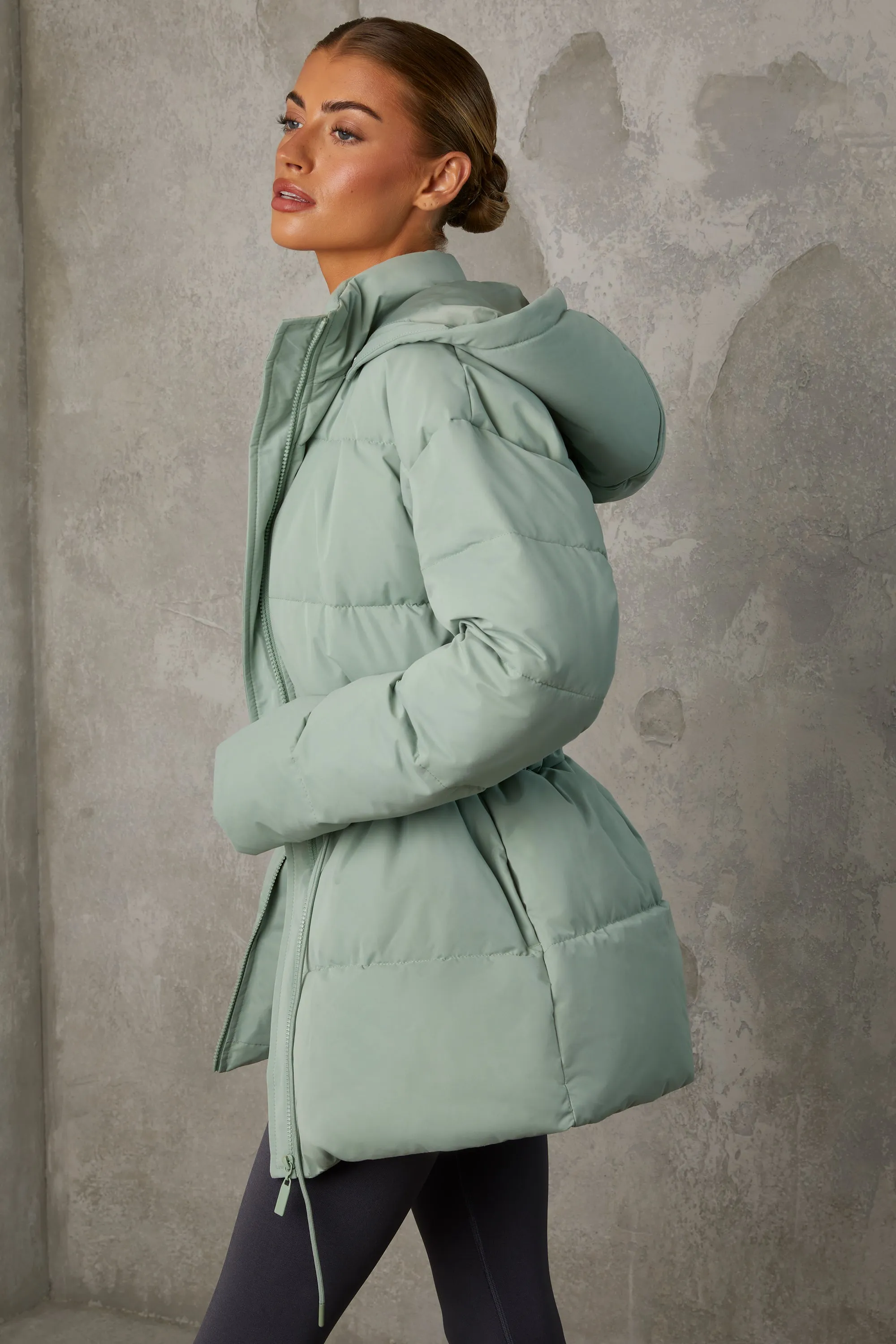 Snug - Mid Length Hooded Puffer Coat in Iceberg Green
