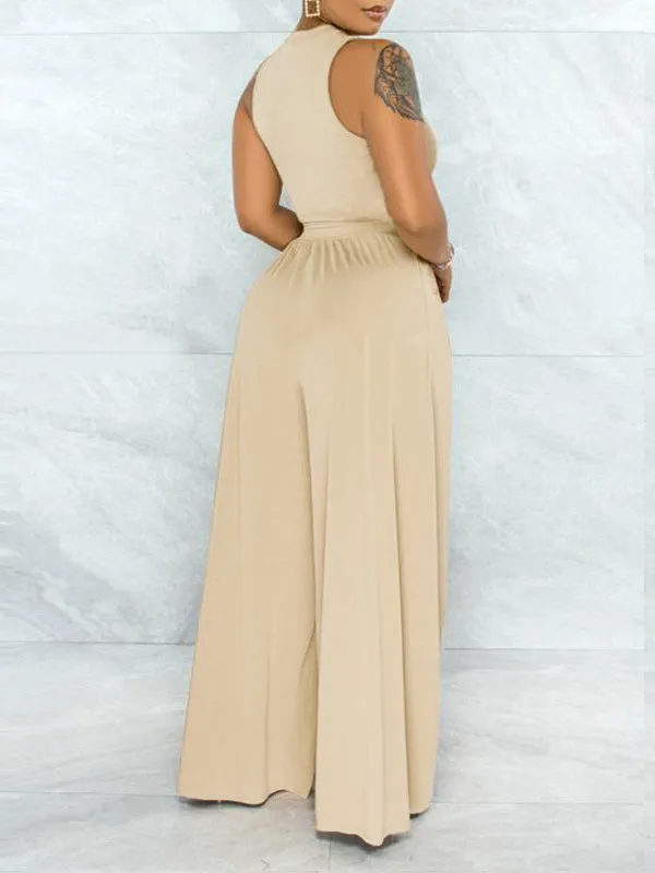Solid Cutout Top & Wide-Leg Pants Set
