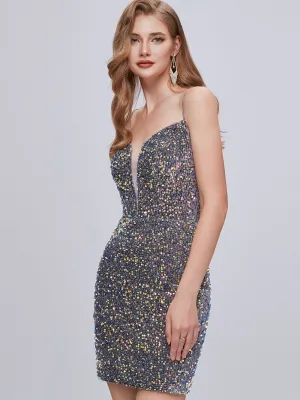 Spaghetti Strap Deep V Neck Sequins Backless Short Homecoming Dresses