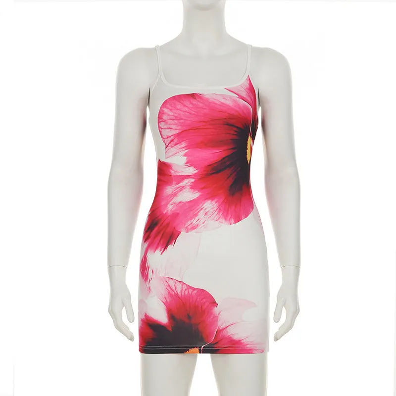 Spaghetti Strap Floral Graphic Print Mini Dress