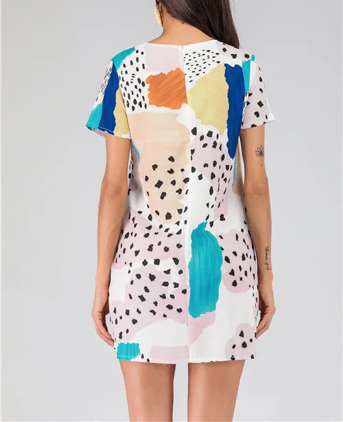 Spotted Color Block Heat Transfer Print Short Sleeve Dress