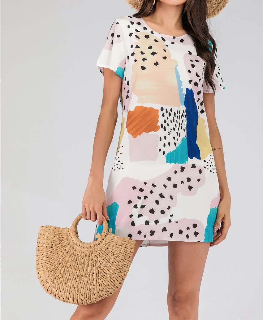 Spotted Color Block Heat Transfer Print Short Sleeve Dress