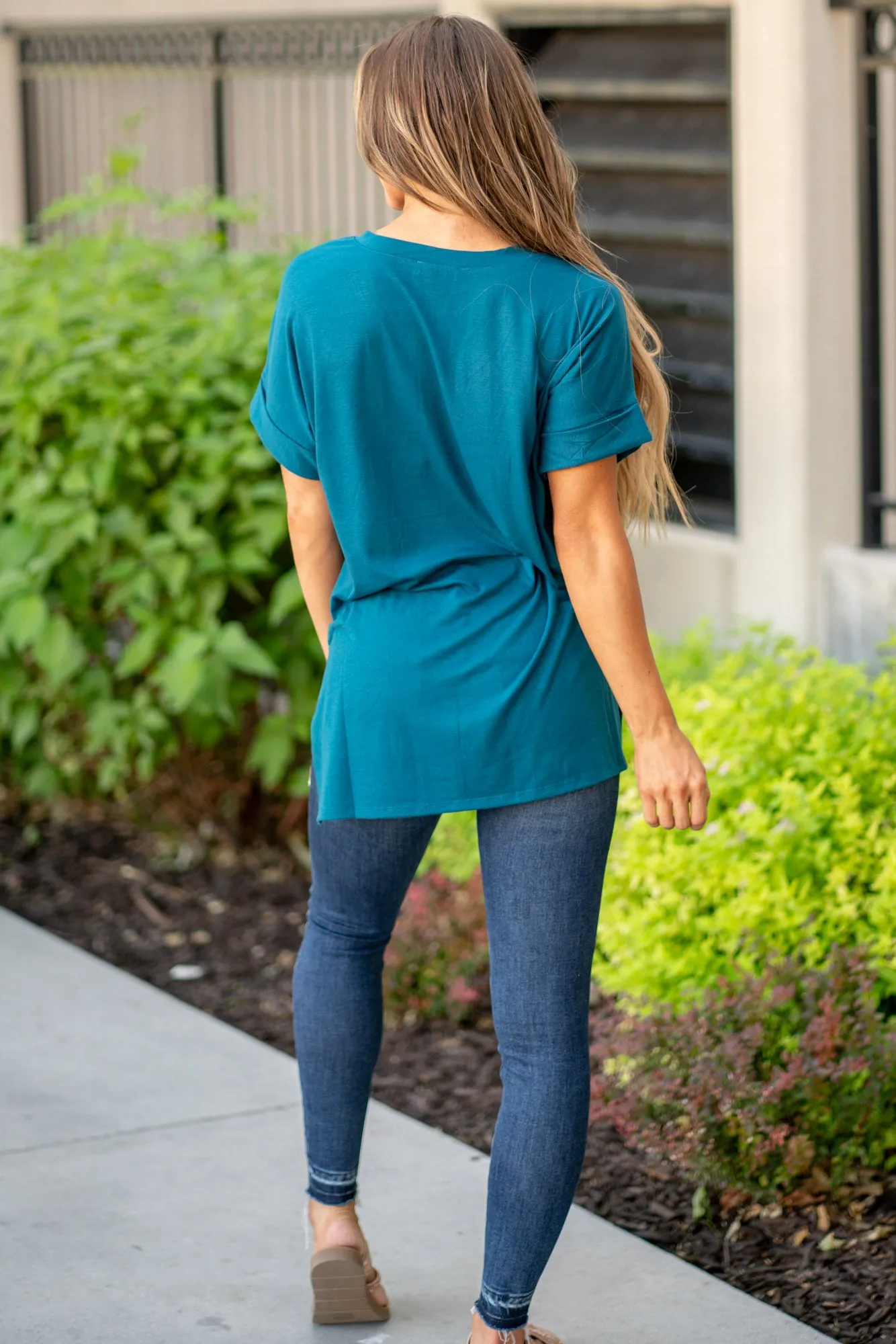 Super Soft Tee High Low Hem V Neck Top - Teal