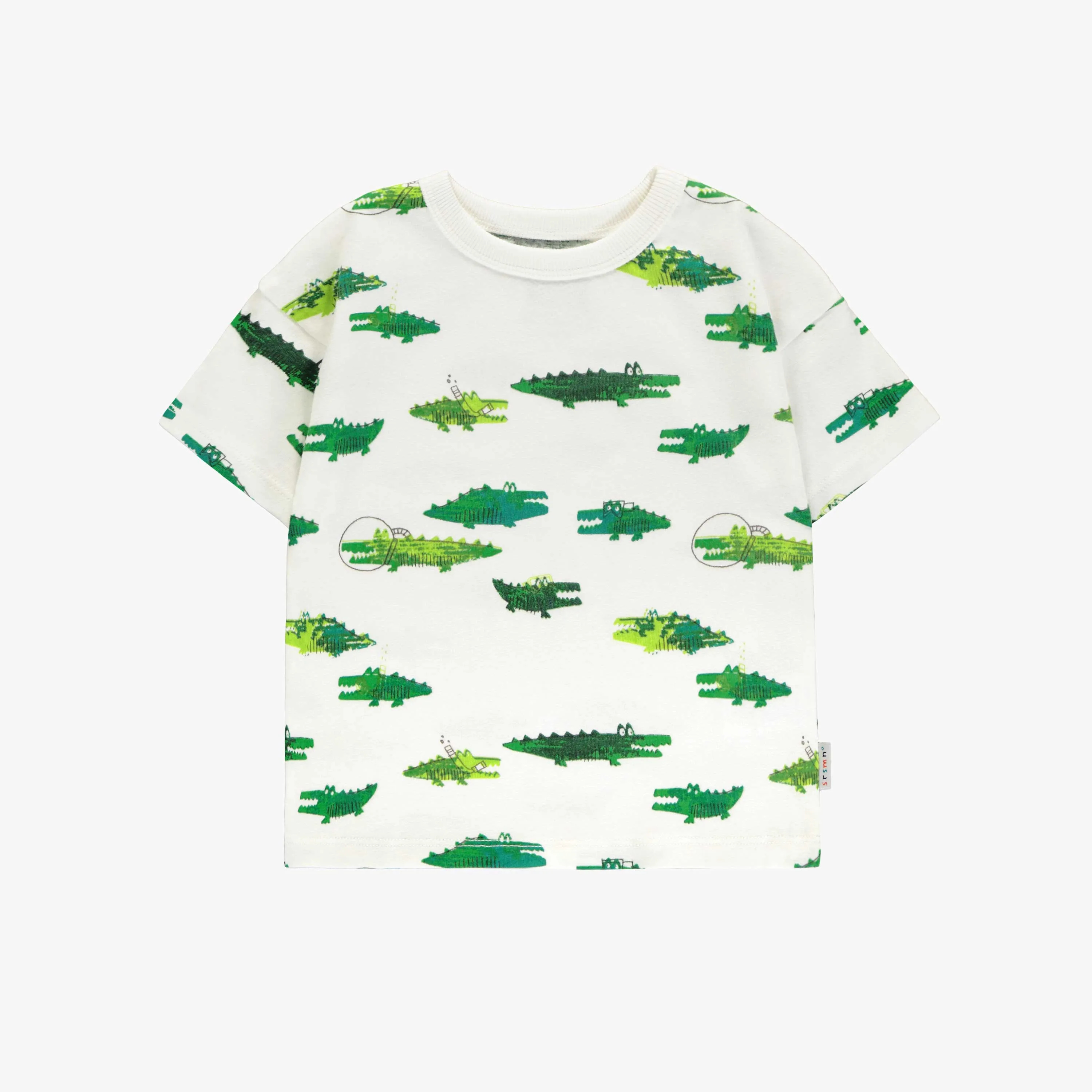 T-shirt ample blanc avec motif de crocodiles en jersey doux, bébé || Loose-fitting white t-shirt with crocodile all over print in soft jersey, baby