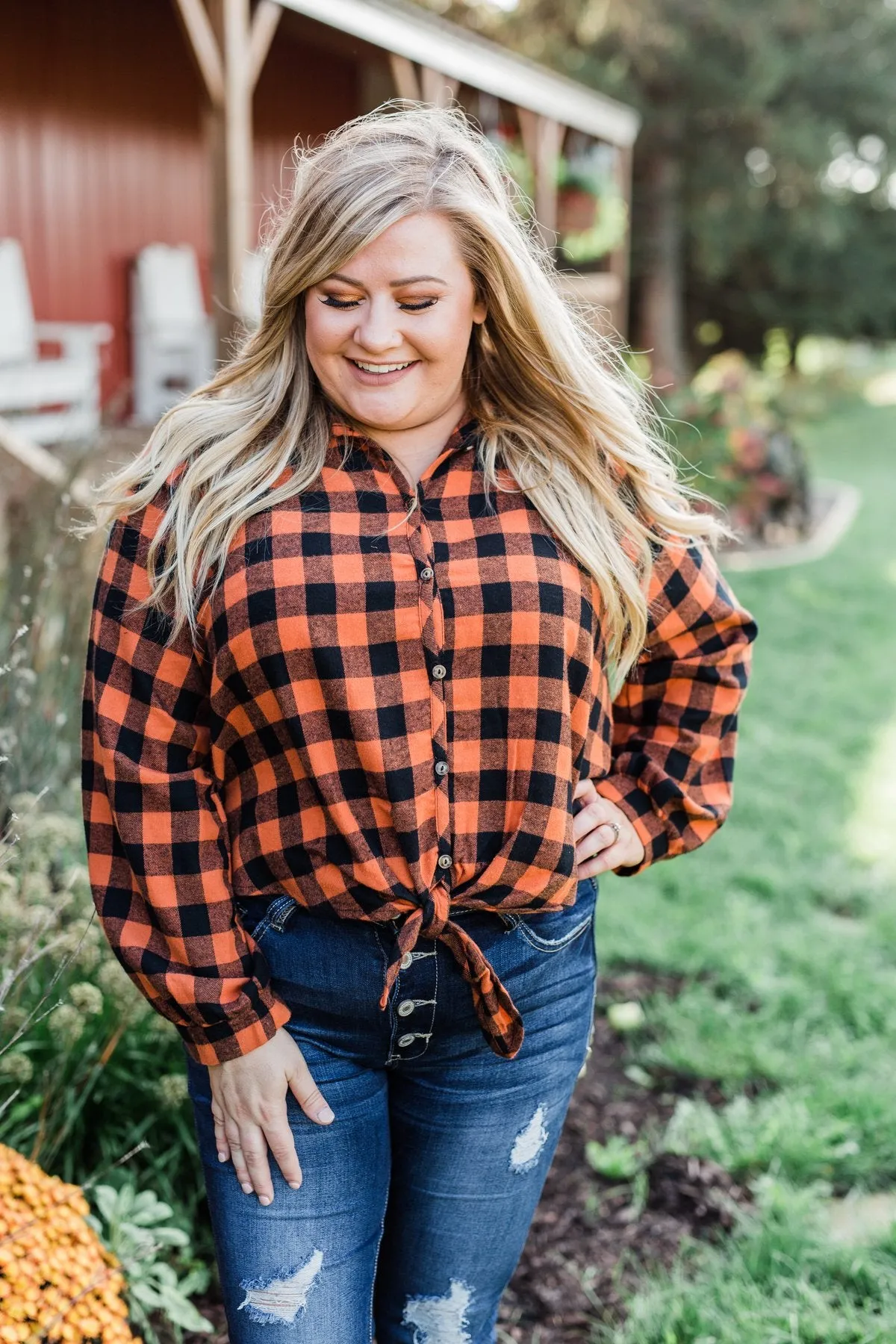 Takes Me Back Front Tie Plaid Top- Burnt Orange