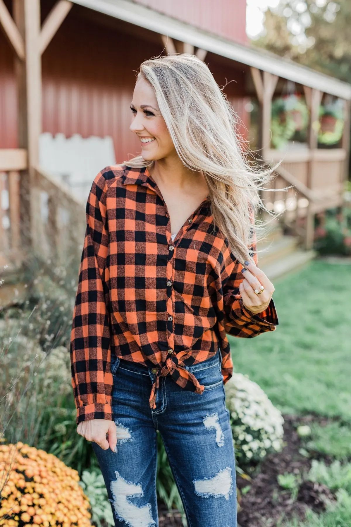 Takes Me Back Front Tie Plaid Top- Burnt Orange