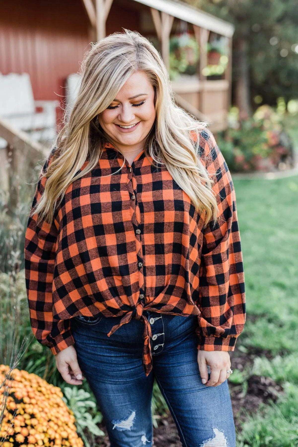 Takes Me Back Front Tie Plaid Top- Burnt Orange