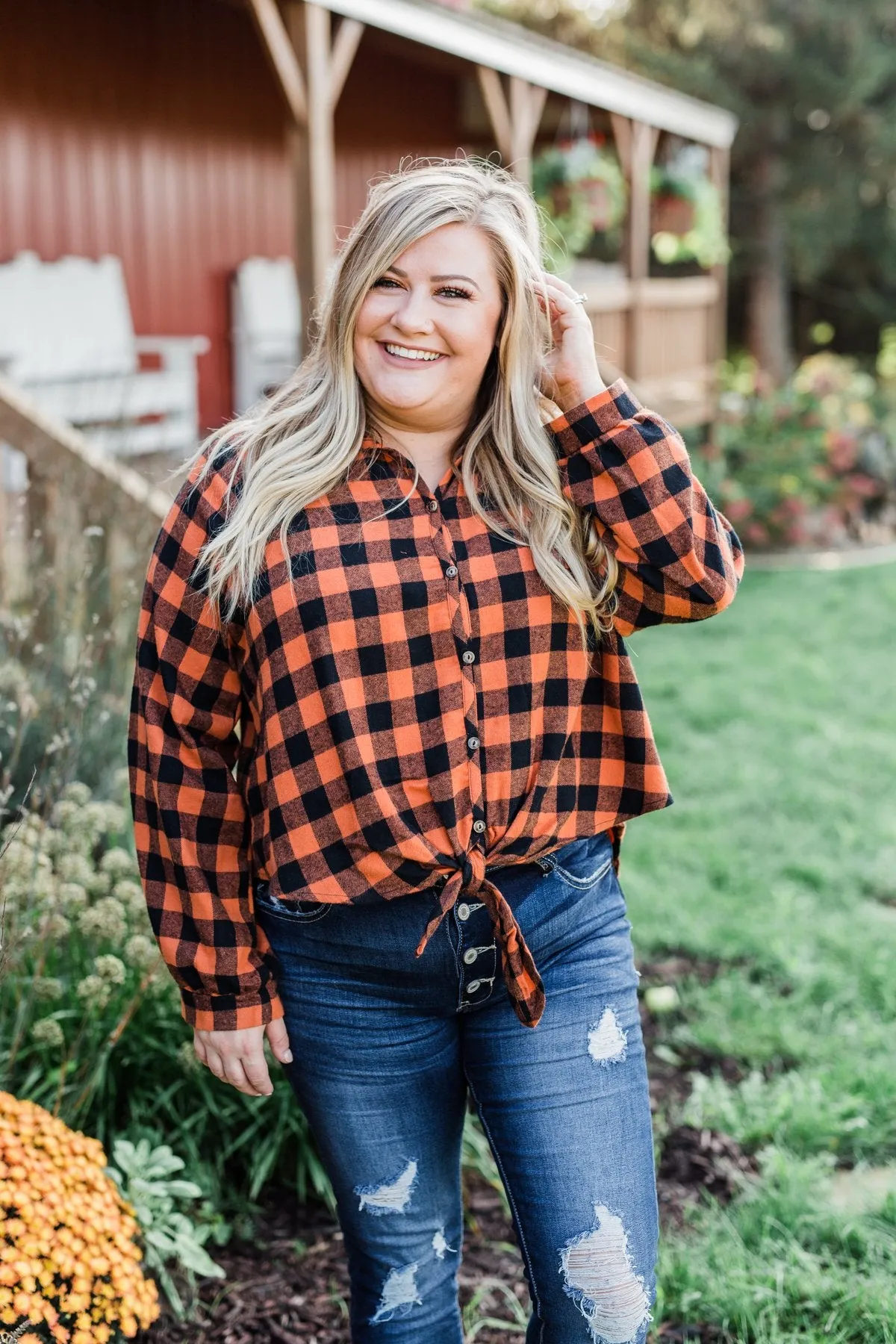 Takes Me Back Front Tie Plaid Top- Burnt Orange