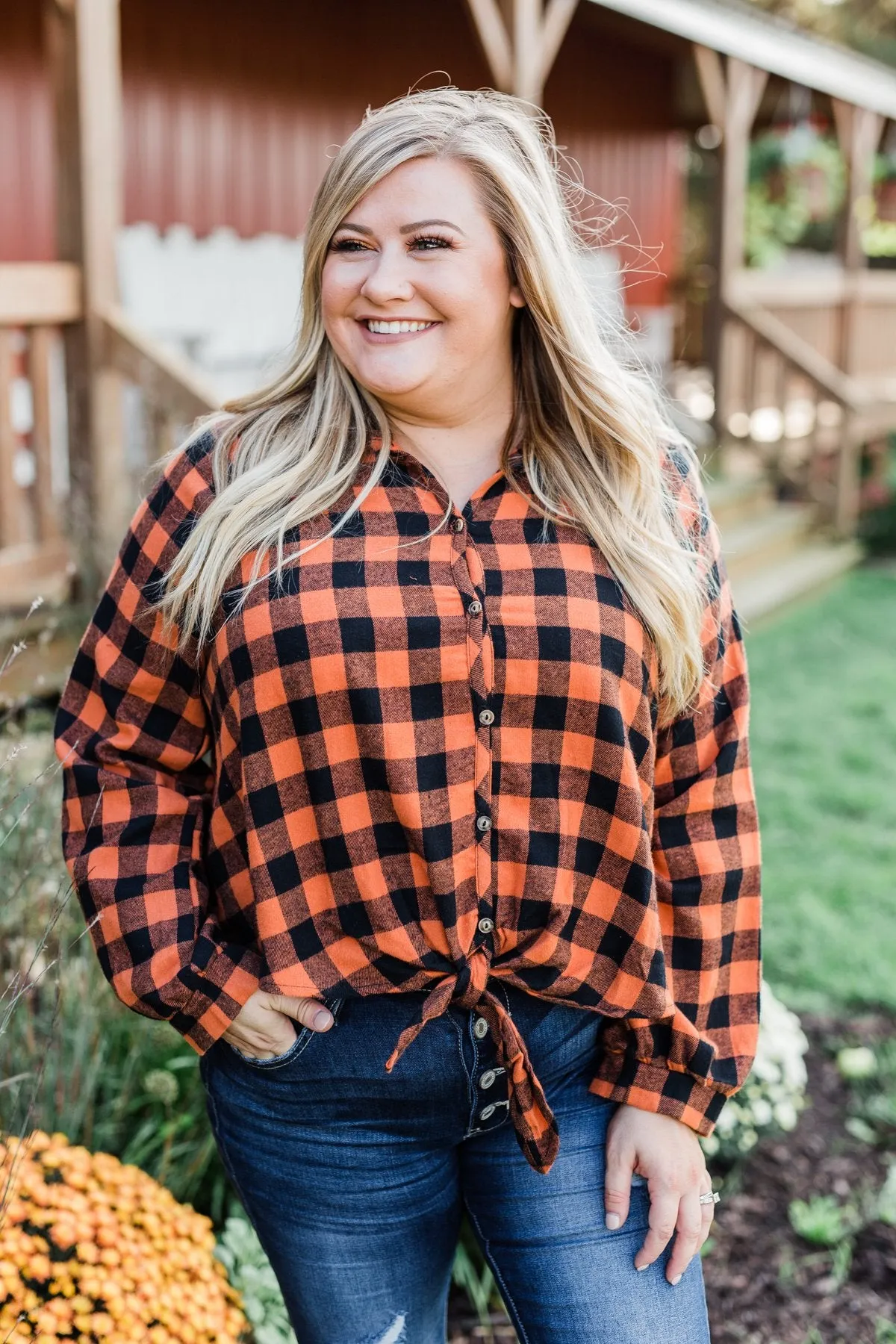 Takes Me Back Front Tie Plaid Top- Burnt Orange