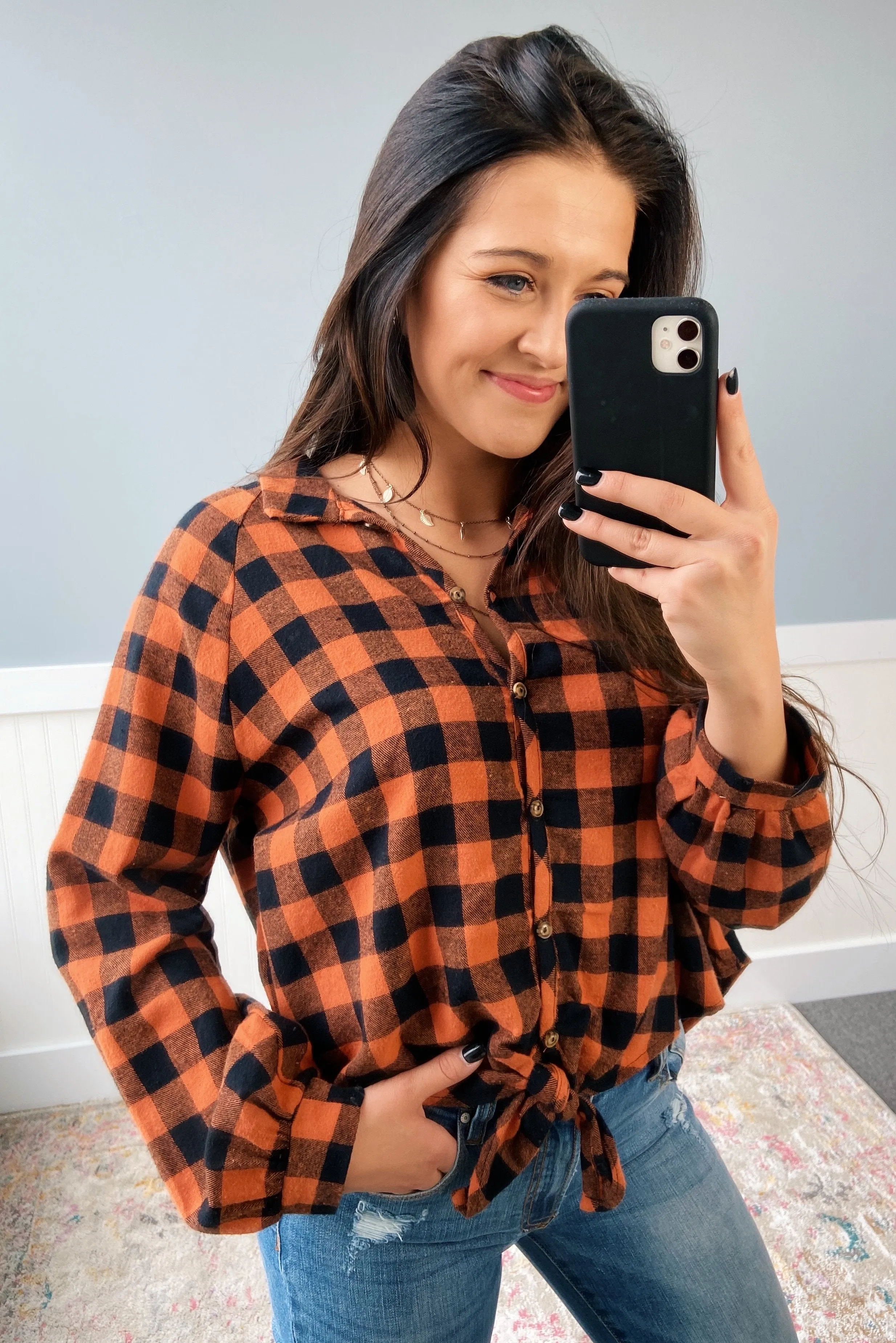 Takes Me Back Front Tie Plaid Top- Burnt Orange